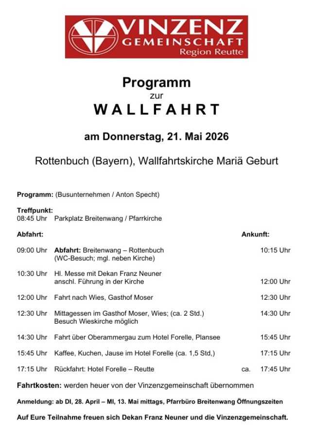 Herzliche Einladung zur Wallfahrt der Vinzenzgemeinschaft Region Reutte