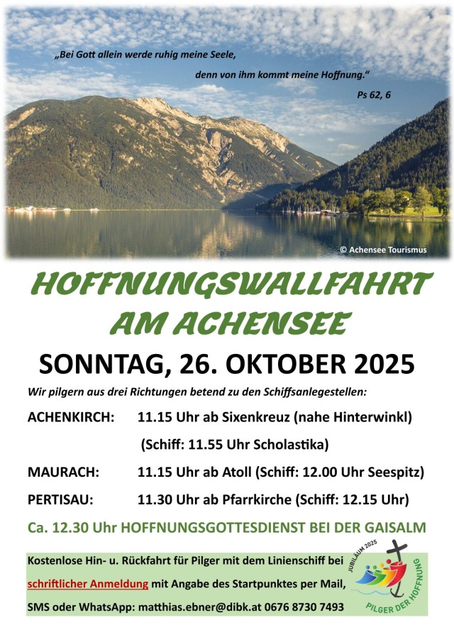 Besondere Veranstaltung: Hoffnungswallfahrt am Achensee am 26.10.2025