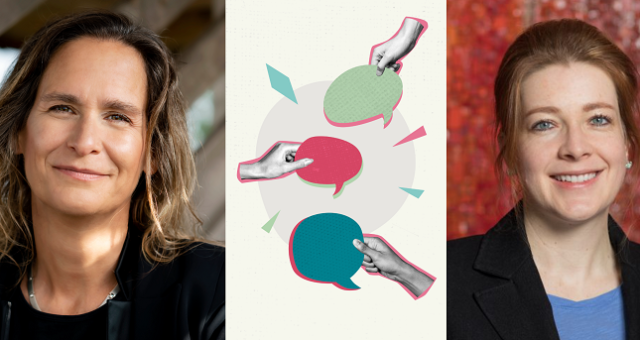 Portraits von Dr. Katharina Ceming und Prof. Marie-Luisa Frick, dazwischen eine Grafik mit Händen und Sprechblasen