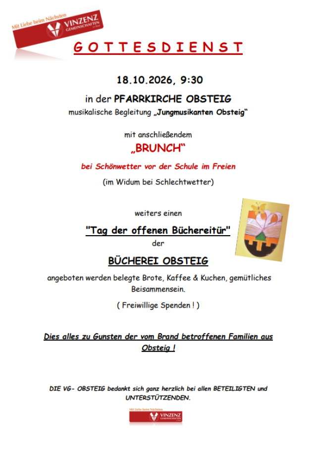 Einladung der Vinzenzgemeinschaft Obsteig zum Gottesdienst mit Brunch und Tag der offenen Büchereitür