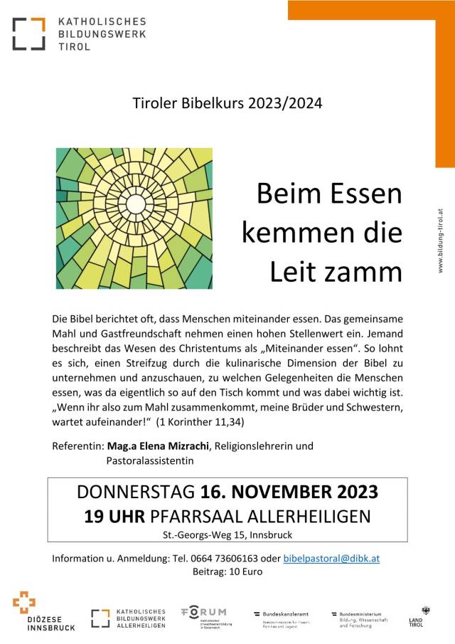 DO, 16.11.2023 - 19:00 Uhr im Pfarrsaal Allerheiligen - Tiroler Bibelkurs mit Mag. Elena Mizrachi