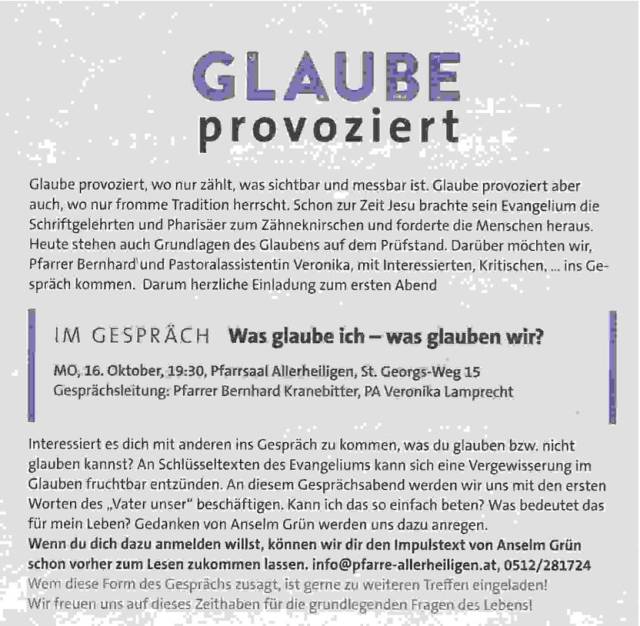 MO, 16.10. 19:30 Glaube provoziert - Pfarrsaal Allerheiligen