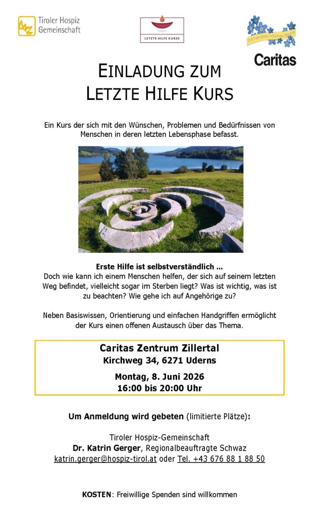 Das Caritas Zentrum Zillertal und die Tiroler Hospiz-Gemeinschaft bieten einen Kurs zur "letzten Hilfe" an.