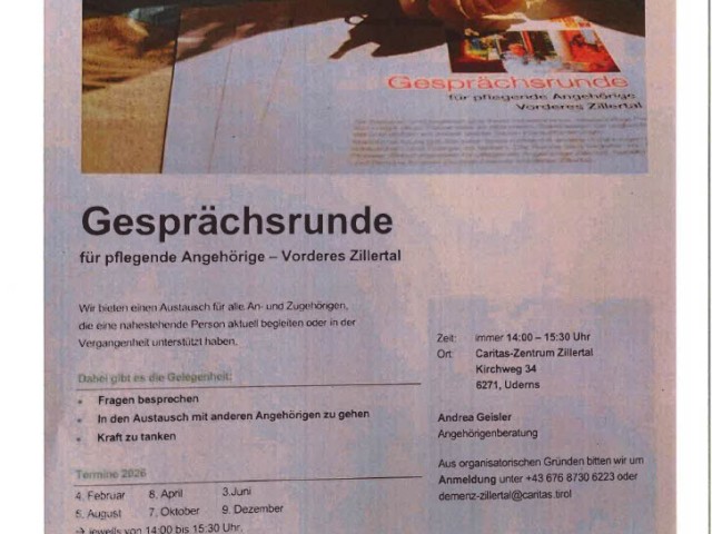 Gesprächsrunde für pflegende Angehörige - Vorderes Zillertal