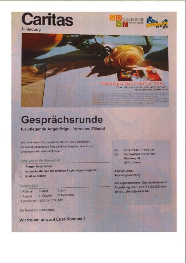 Gesprächsrunde für pflegende Angehörige - Vorderes Zillertal